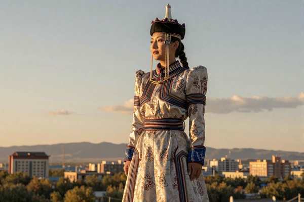 Elegant Mongolian woman in modern attire with traditional accents against the Ulaanbaatar skyline at sunset