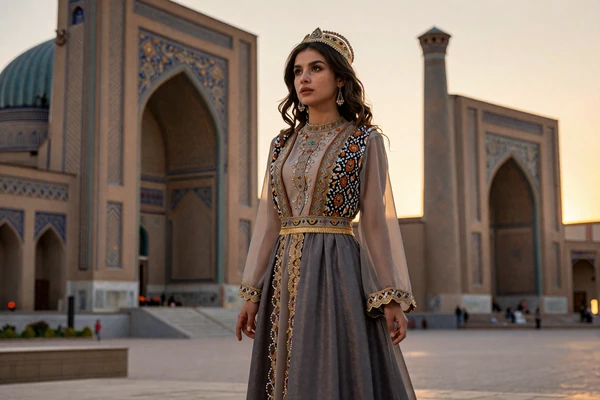 Uzbek woman in elegant attire with Samarkand architecture backdrop