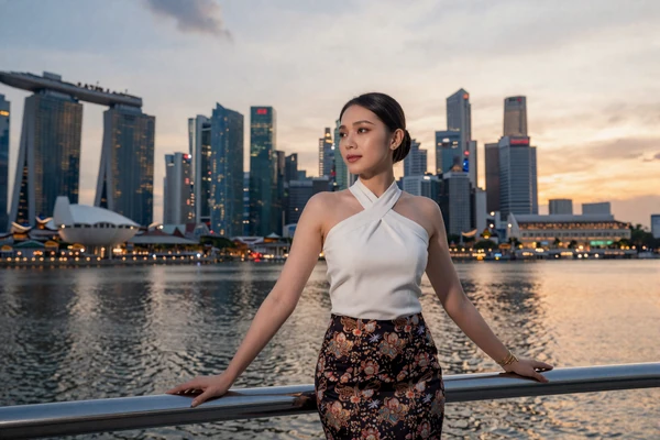 Elegant Singaporean woman showcasing the blend of modern sophistication and traditional grace characteristic of Singapore brides