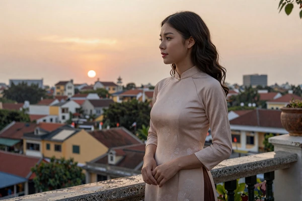 Vietnamese woman in modern elegant attire with traditional Vietnamese elements against a romantic Hanoi sunset backdrop