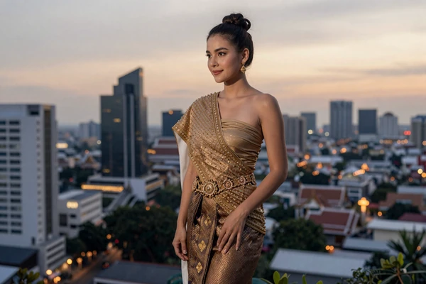 Thai woman blending modern style with traditional Thai elegance against Bangkok cityscape